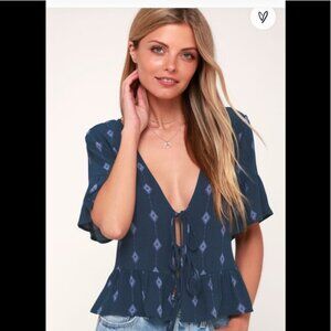 Lulu's Boho Tie-Front Crop Top Navy Medium